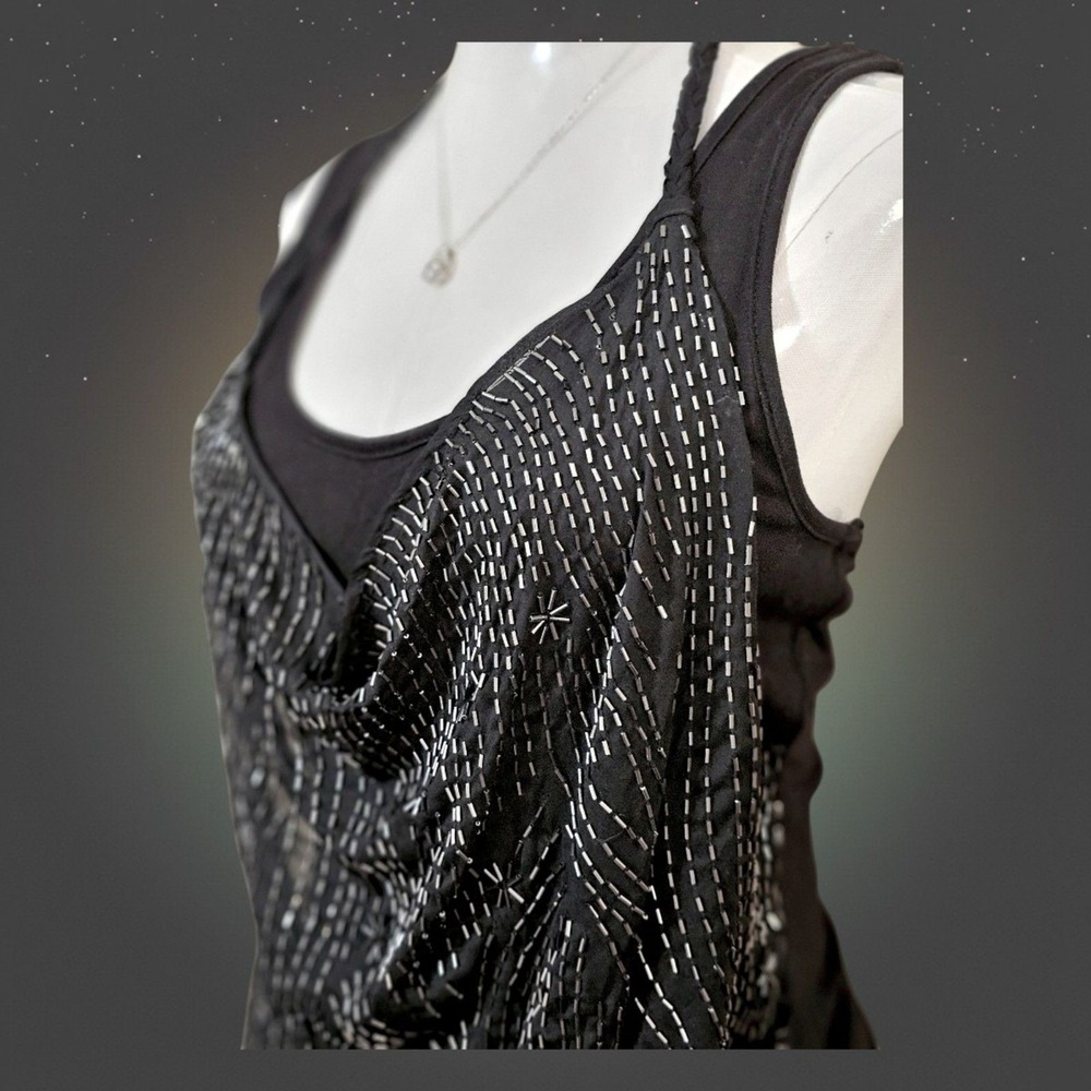 GUESS Los Angeles Black Beaded Cowl Neck Layered Racerback Tank‎ Top Medium